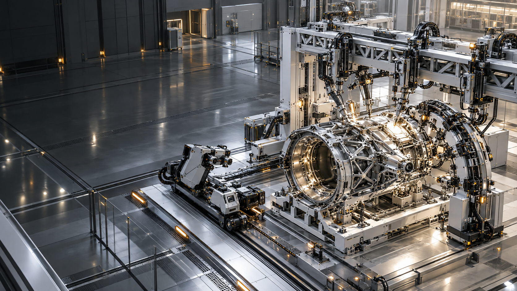 Purpose-built nonhumanoid robots assembling hardware at anchored work cells in an autonomous cleanroom